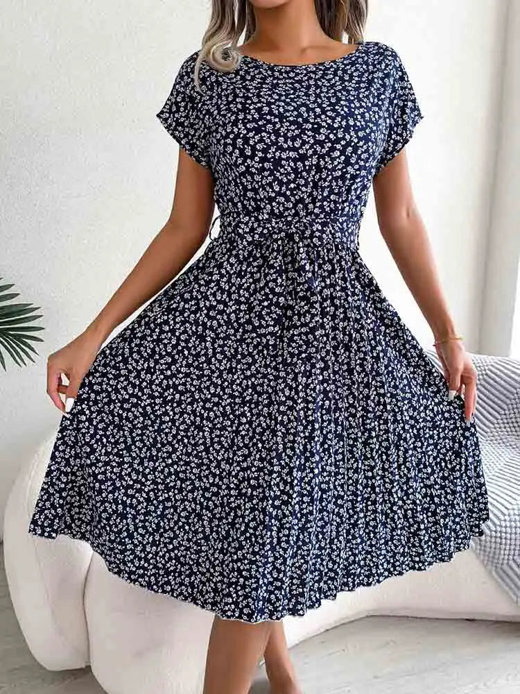 Pleated Floral ALine Midi Dress