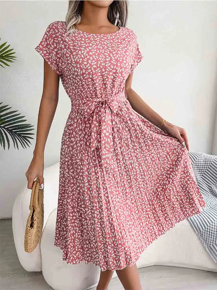 Pleated Floral ALine Midi Dress
