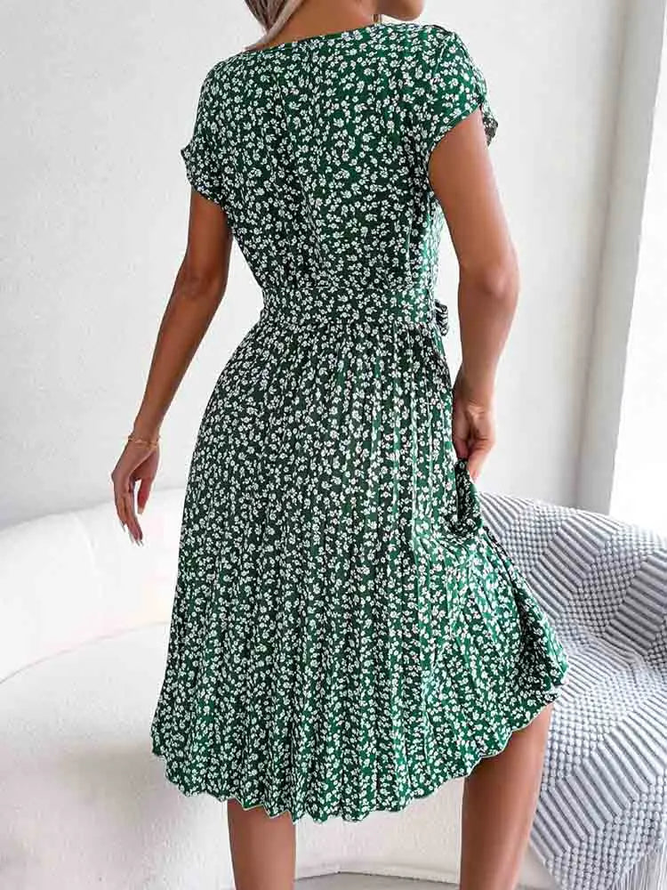 Pleated Floral ALine Midi Dress