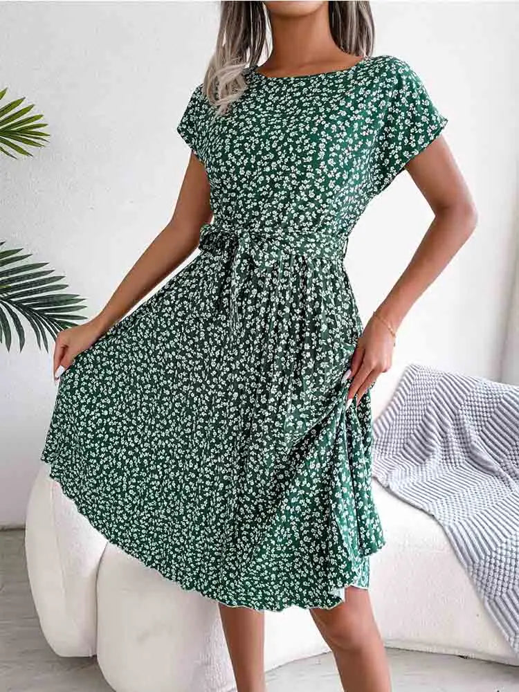 Pleated Floral ALine Midi Dress