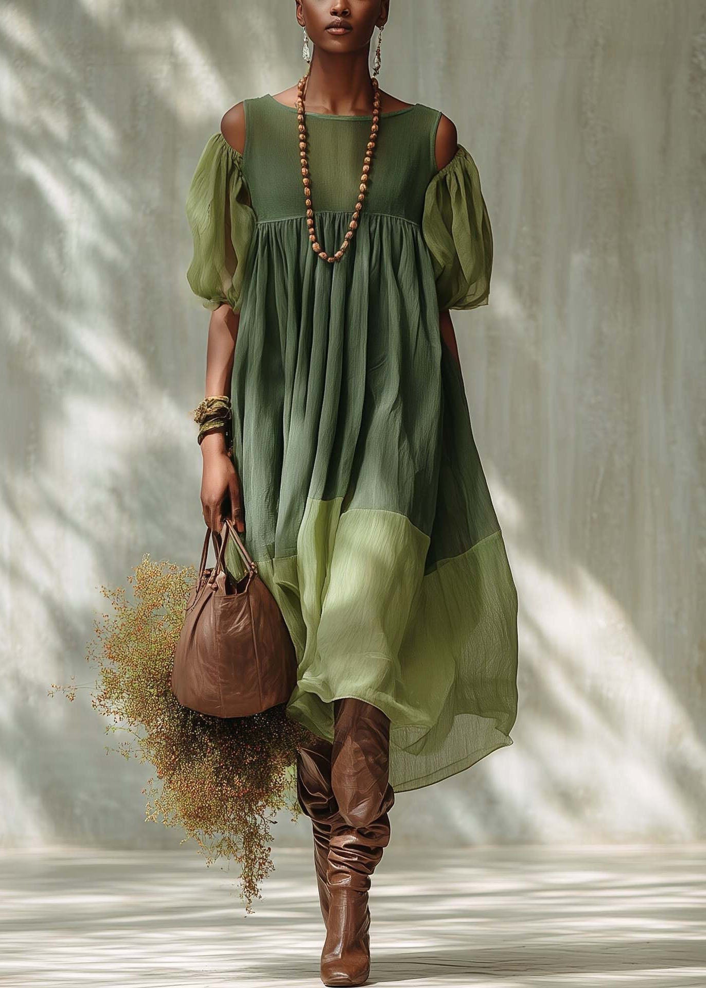 Fashion Green Puff Sleeve Patchwork Cotton Vacation Dress