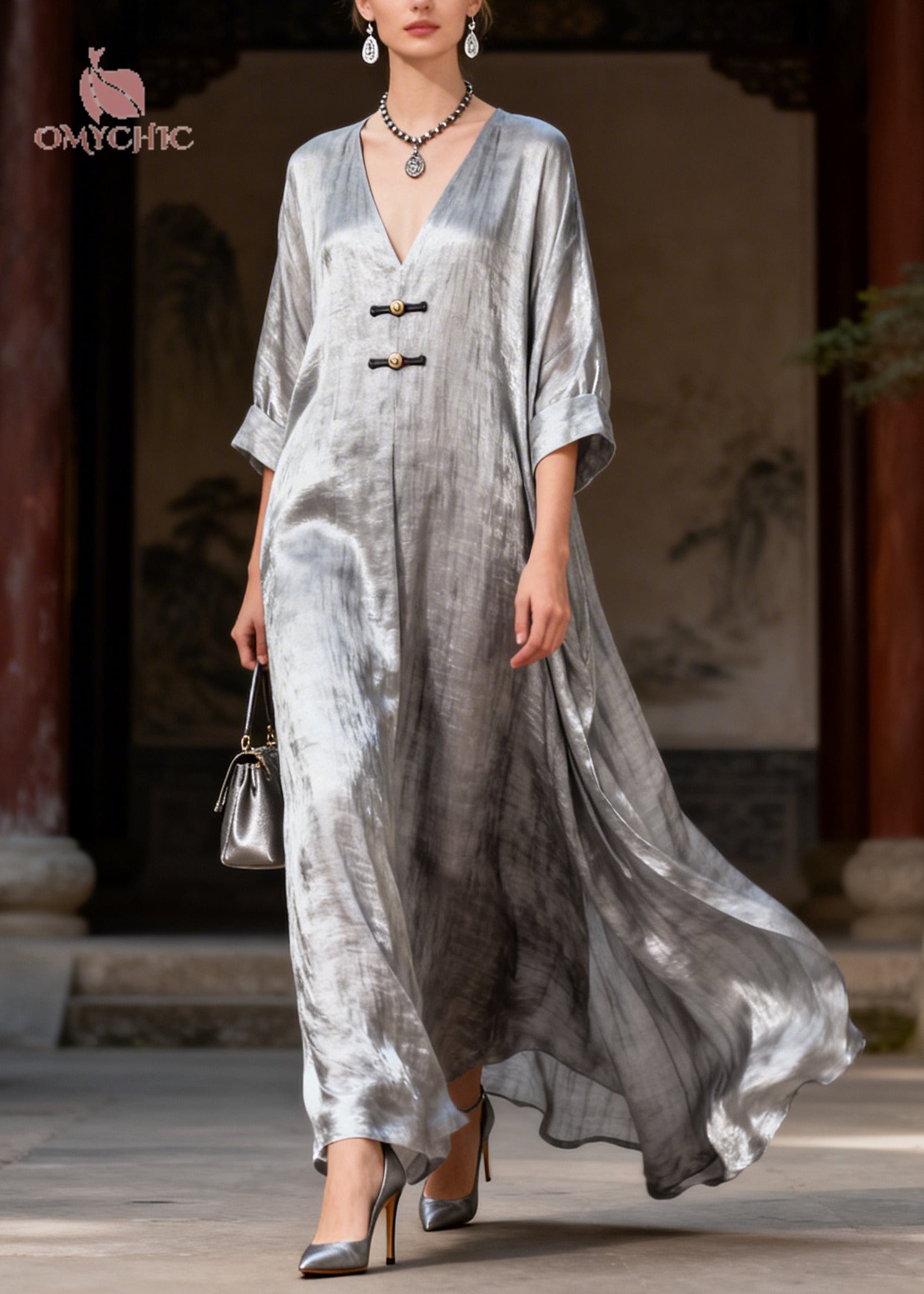Fashion Grey Exra Large Hem Chinese Button Silk Maxi Dresses Summer