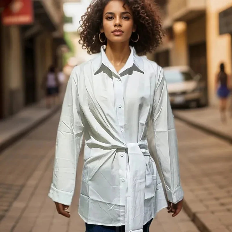 Long Sleeve Ruched Lace-up White Blouse