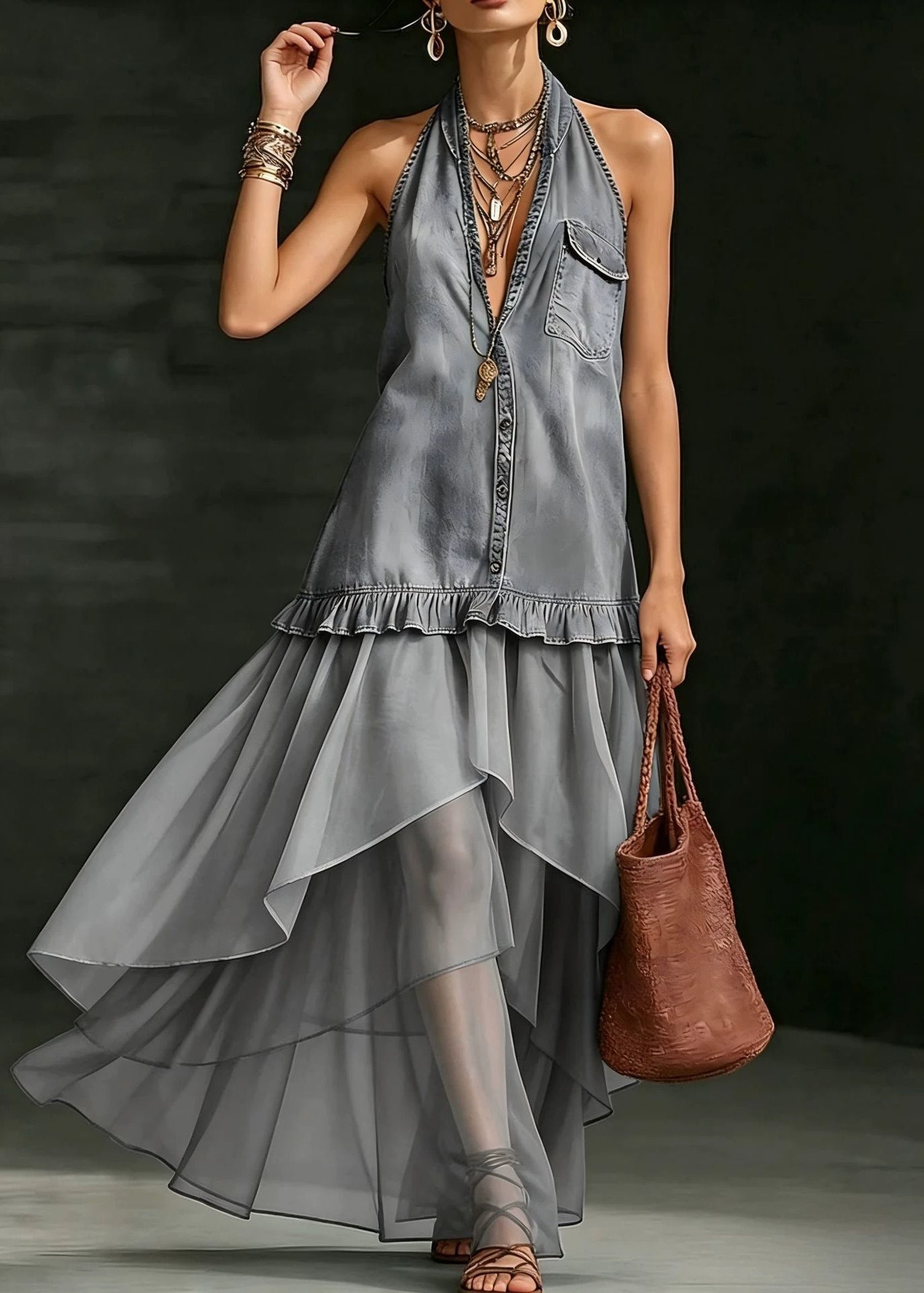 Fashion Navy V Neck Ruffled Patchwork Denim Dresses Sleeveless