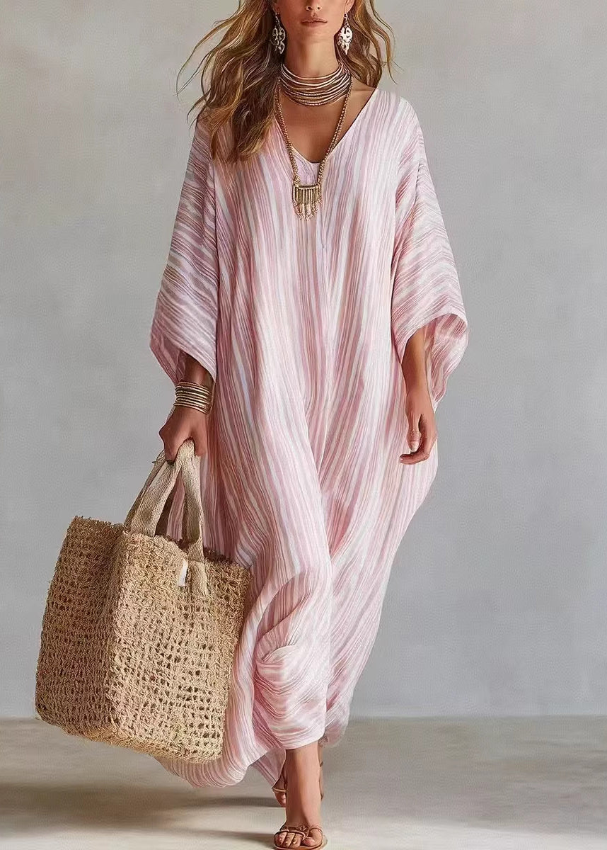 Fashion Pink V Neck Striped Cotton Long Dress Summer
