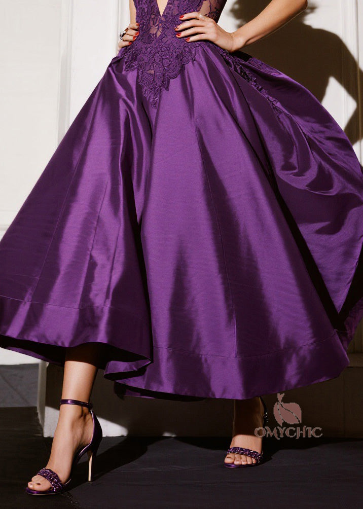 Fashion Purple V Neck Lace Patchwork Silk Dresses Summer