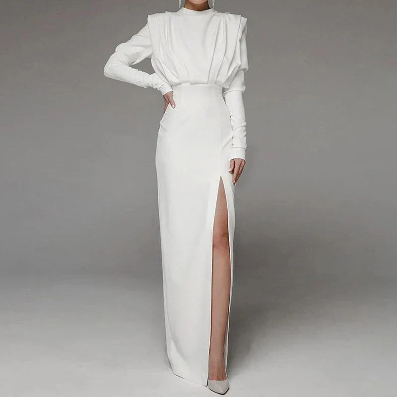 Fashion Pleated High Split Long Sleeve Maxi Dress White / Xs