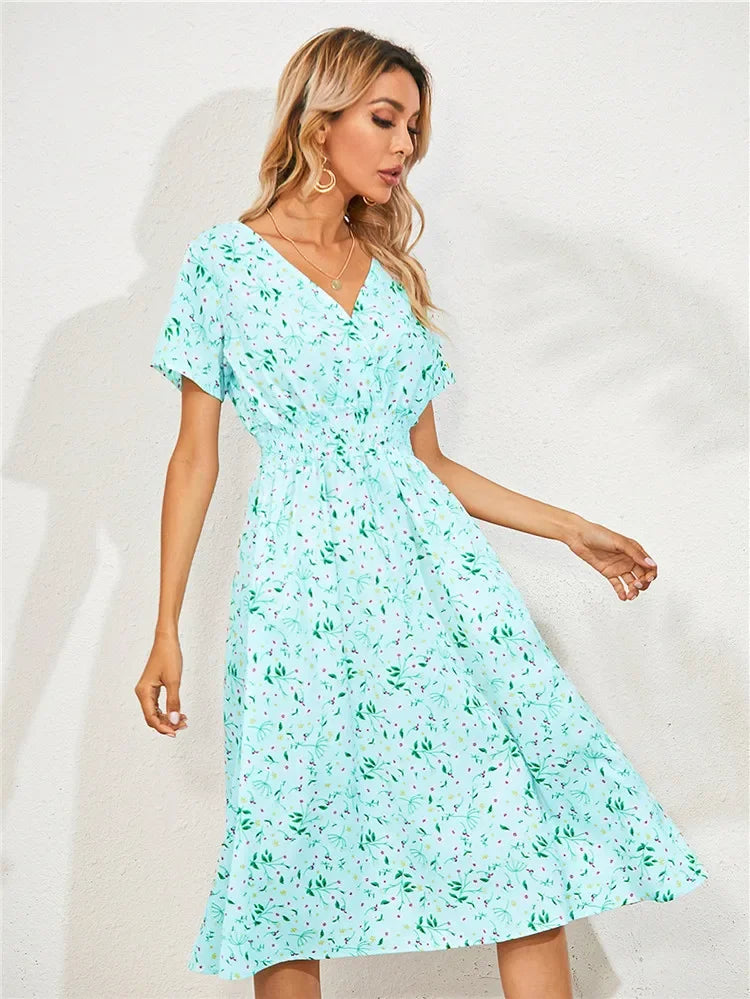 Floral Chic Short Sleeve Women’s Fashionable Long Midi Dress Light Green / S