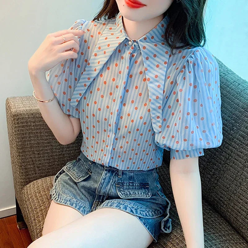 Polka Dot Print Elegant Loose Puff Sleeve Blouse
