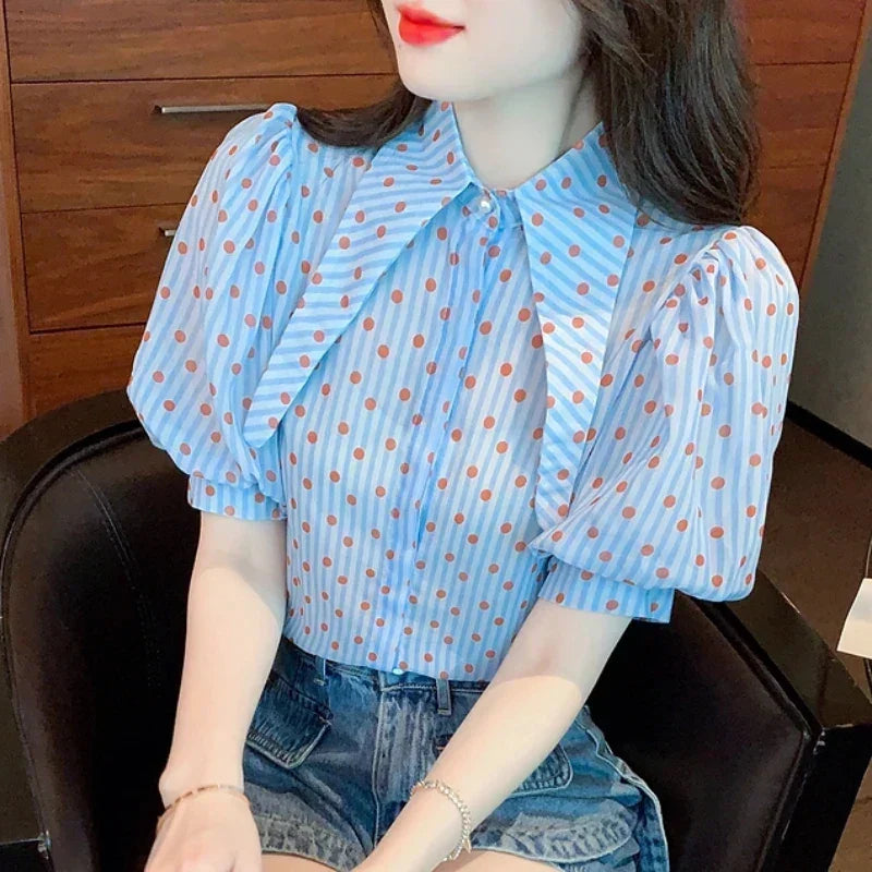 Polka Dot Print Elegant Loose Puff Sleeve Blouse