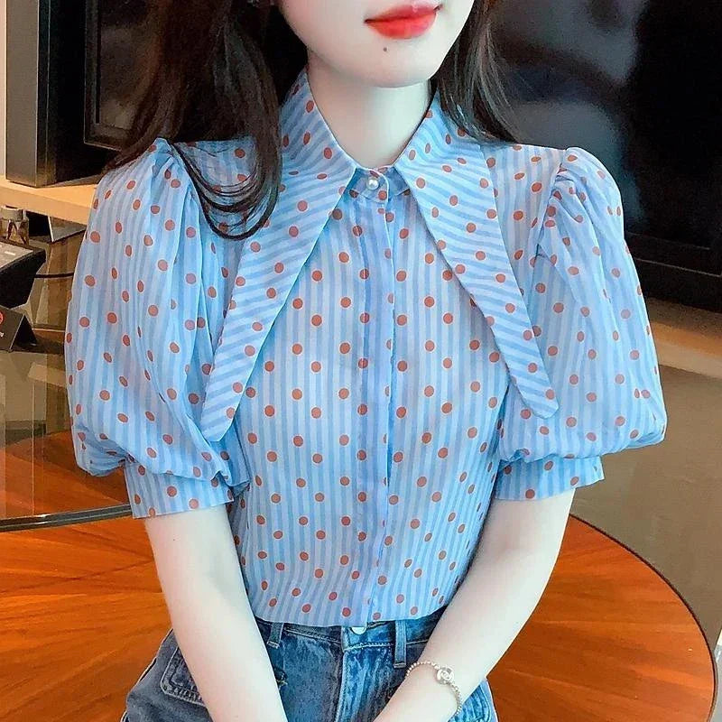 Polka Dot Print Elegant Loose Puff Sleeve Blouse