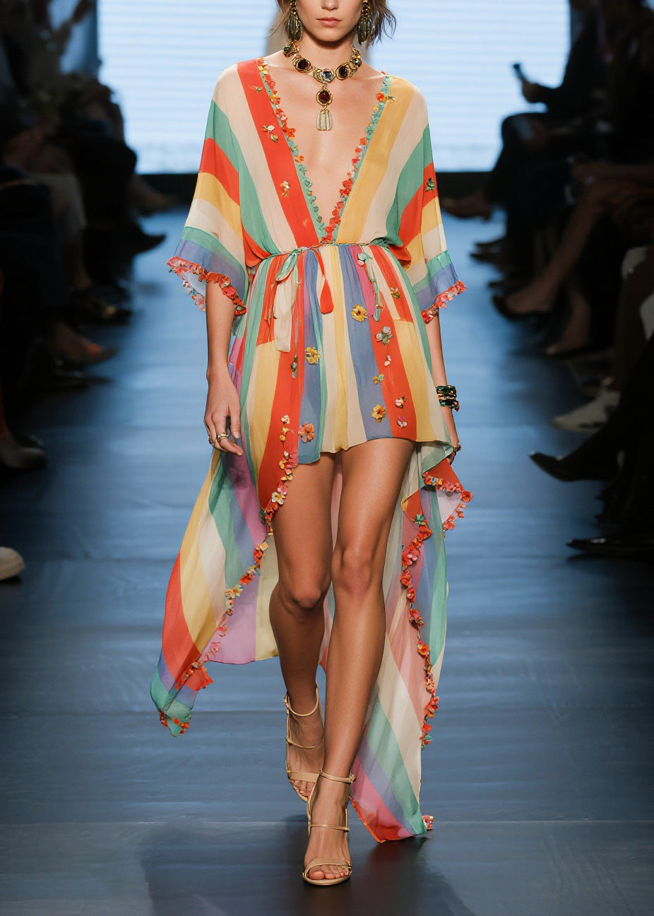 Fashion V Neck Floral Low High Design Cotton Dresses Summer