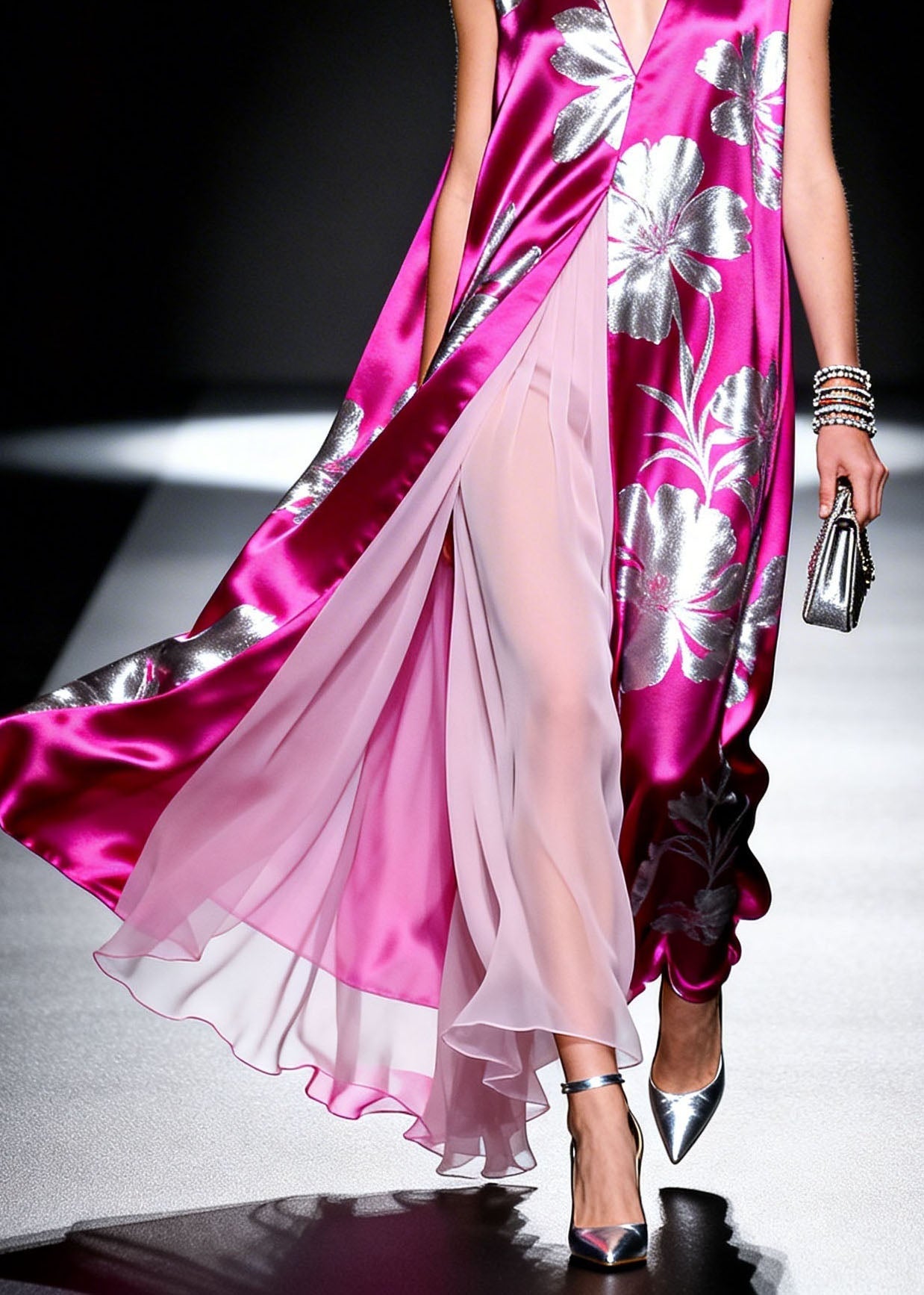 Fashion V Neck Print Patchwork Silk Dresses Sleeveless