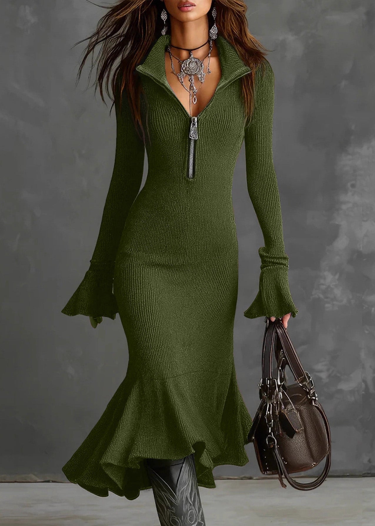 Fashion White Zip Up Patchwork Knit Dress Flare Sleeve