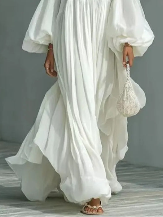 White Square Neck Balloon Sleeve Tiered Flowy Maxi Dress 3