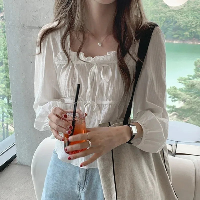 Vintage Loose White Ruffled Long Sleeve Blouse