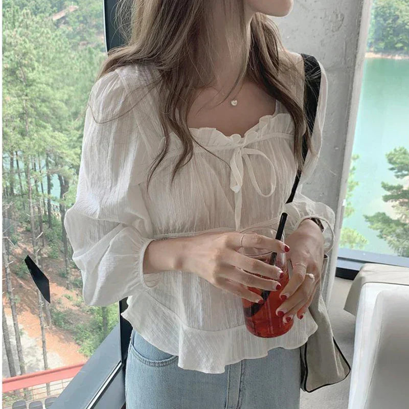 Vintage Loose White Ruffled Long Sleeve Blouse