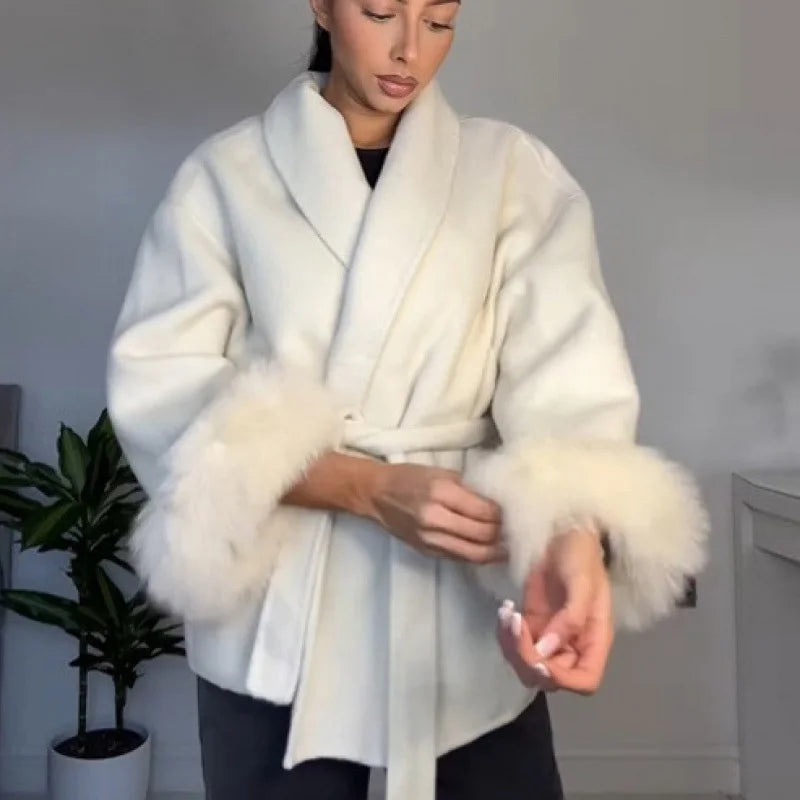 Thicken Woolen Lapel Double-Breasted Overcoat White / S