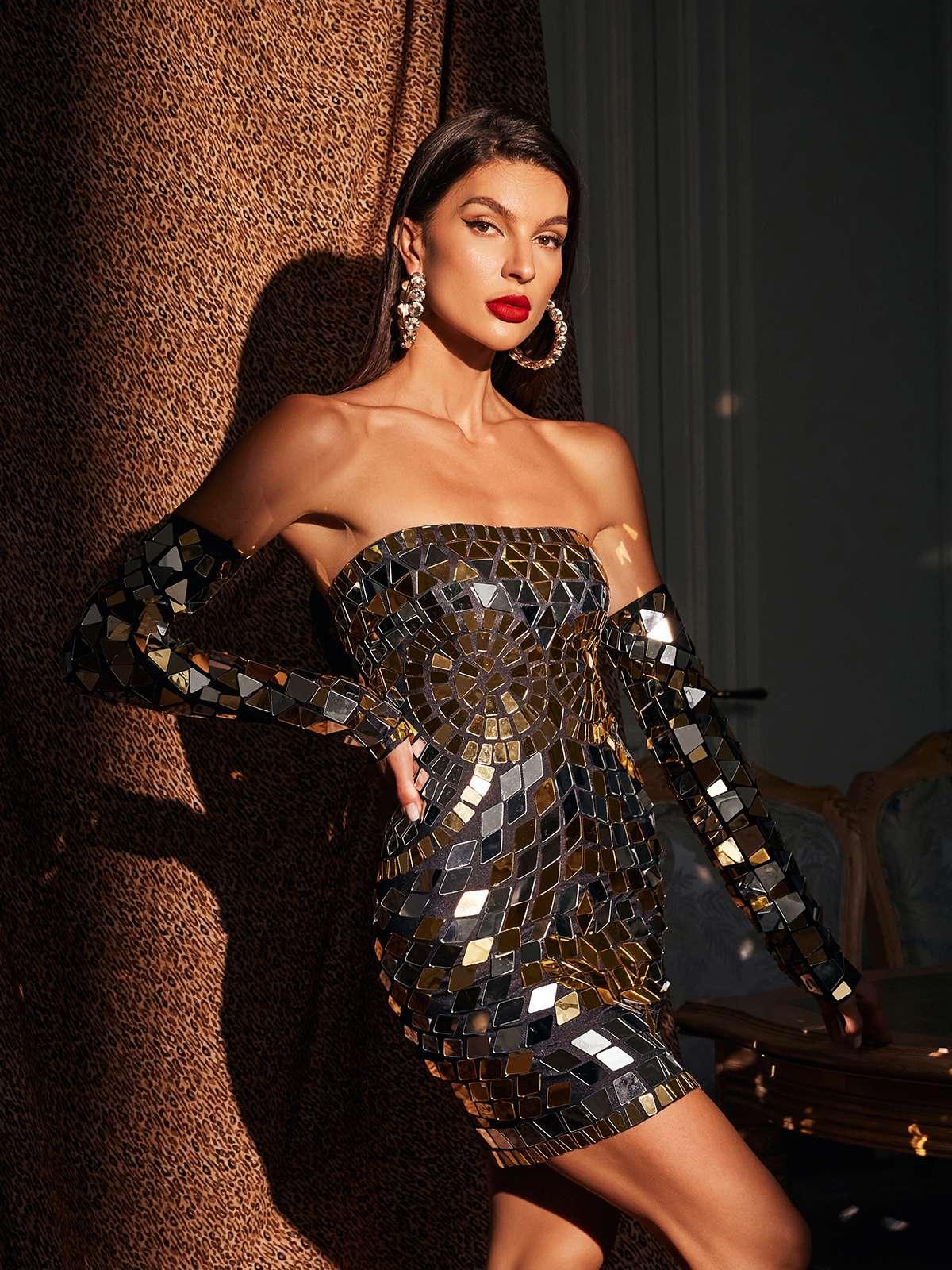Strapless Acrylic Mini Dress With Gloves