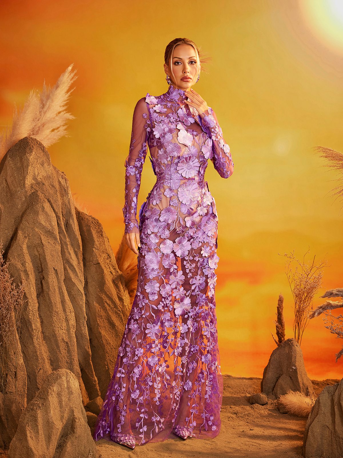 Long Sleeve Flower Mesh Skirt Set