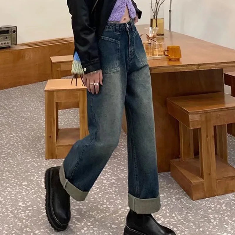 Fashion Straight Women Pant Woman High Waist Denim Pants Wide Leg Denim Clothing Blue Vintage Quality Jean