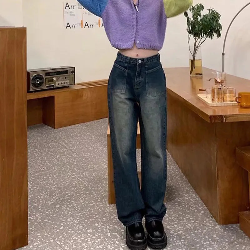 Fashion Straight Women Pant Woman High Waist Denim Pants Wide Leg Denim Clothing Blue Vintage Quality Jean
