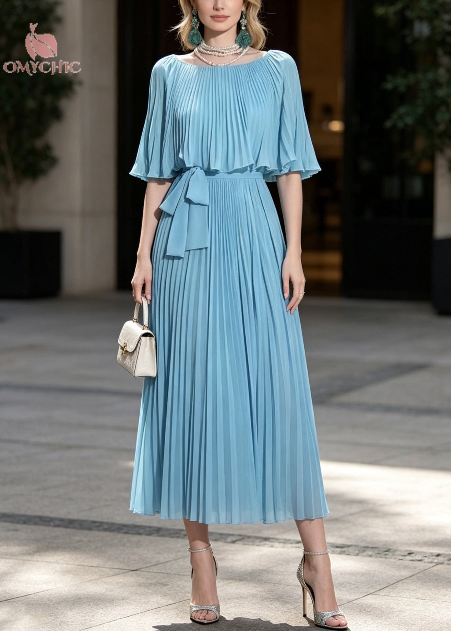 Fine Blue Tunic Wrinkled Chiffon Party Dresses Cloak Sleeves