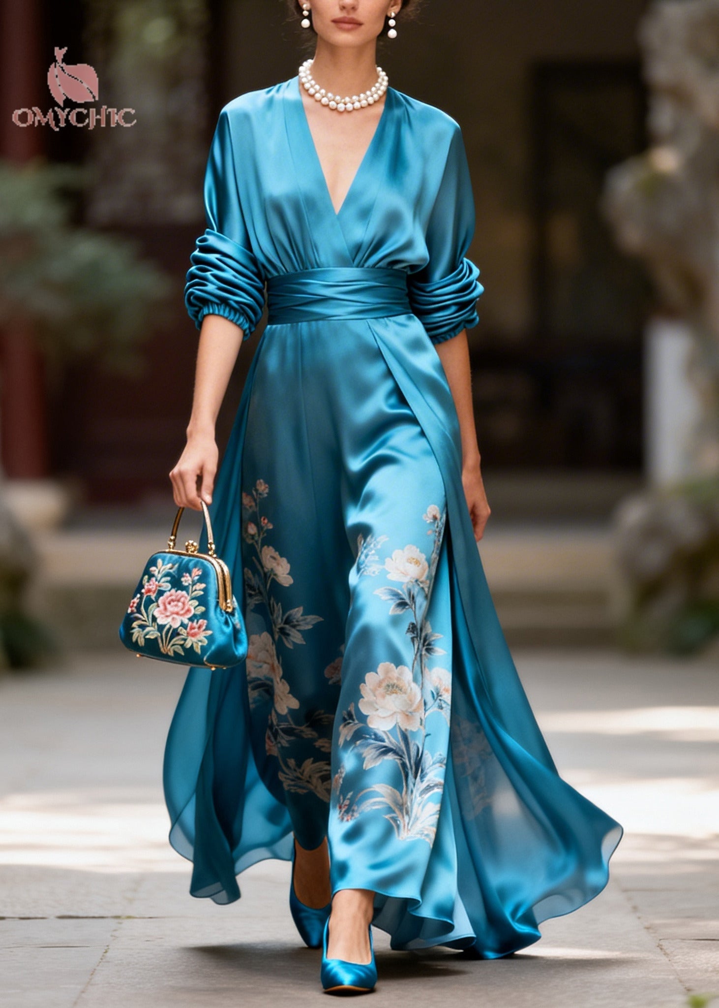 Fine Blue V Neck Print Silk Maxi Dress Long Sleeve