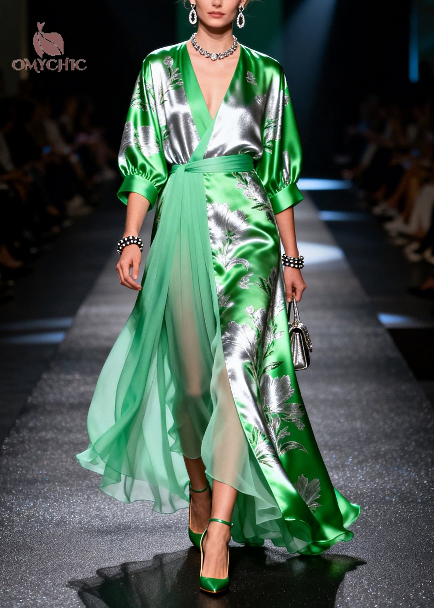 Fine Grass Green Jacquard Patchwork Low High Design Chiffon Maxi Dress Summer