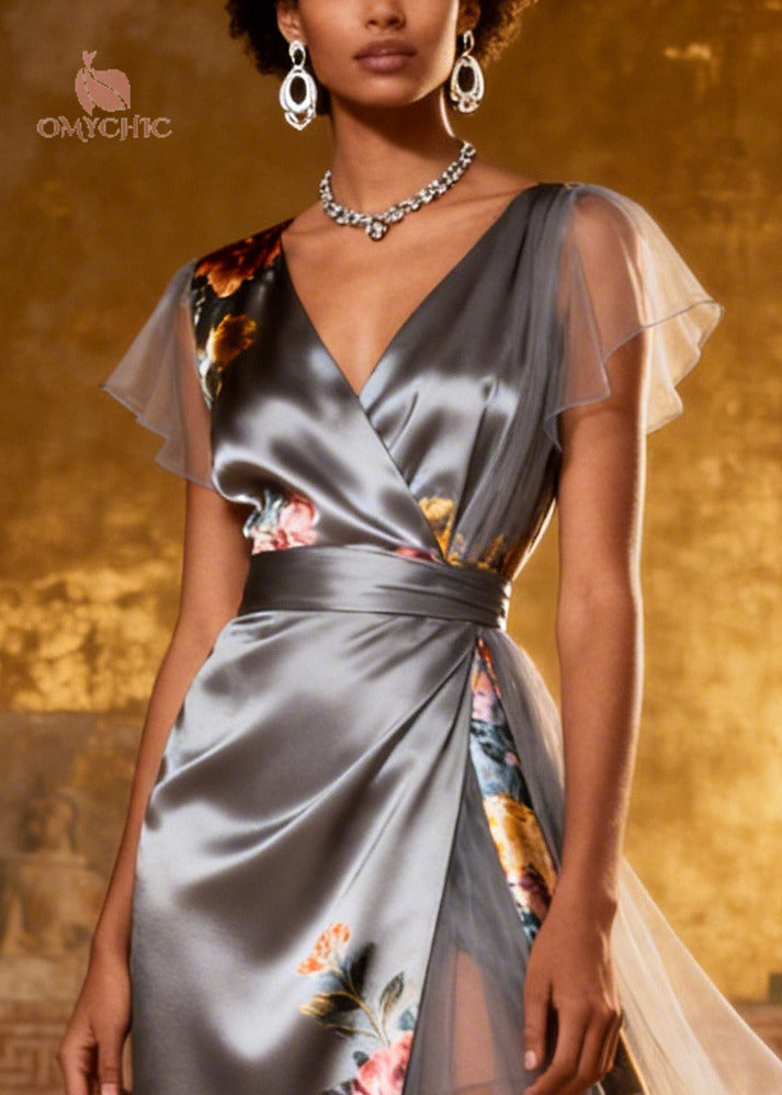 Fine Grey Print Patchwork Side Open Silk Holiday Dress Summer