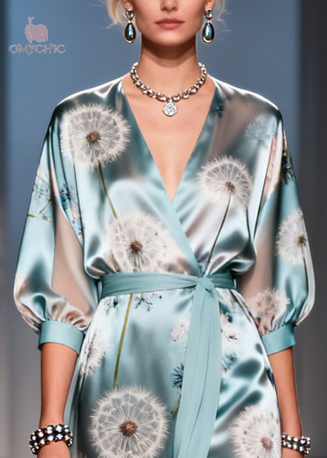 Fine Light Blue Tunic Dandelion Print Chiffon Long Dresses Summer