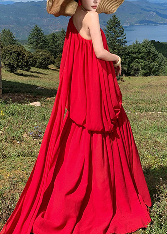 Fine Red Asymmetrical One Shoulder Solid Long Dress Sleeveless
