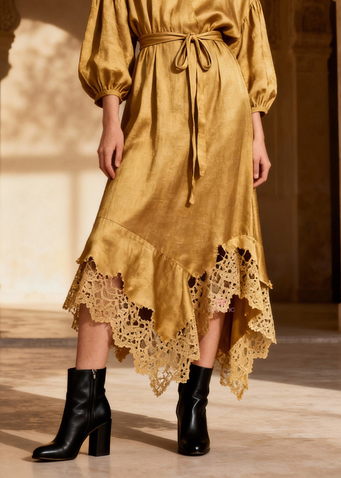 Fine V Neck Asymmetrical Lace Patchwork Silk Dresses Spring