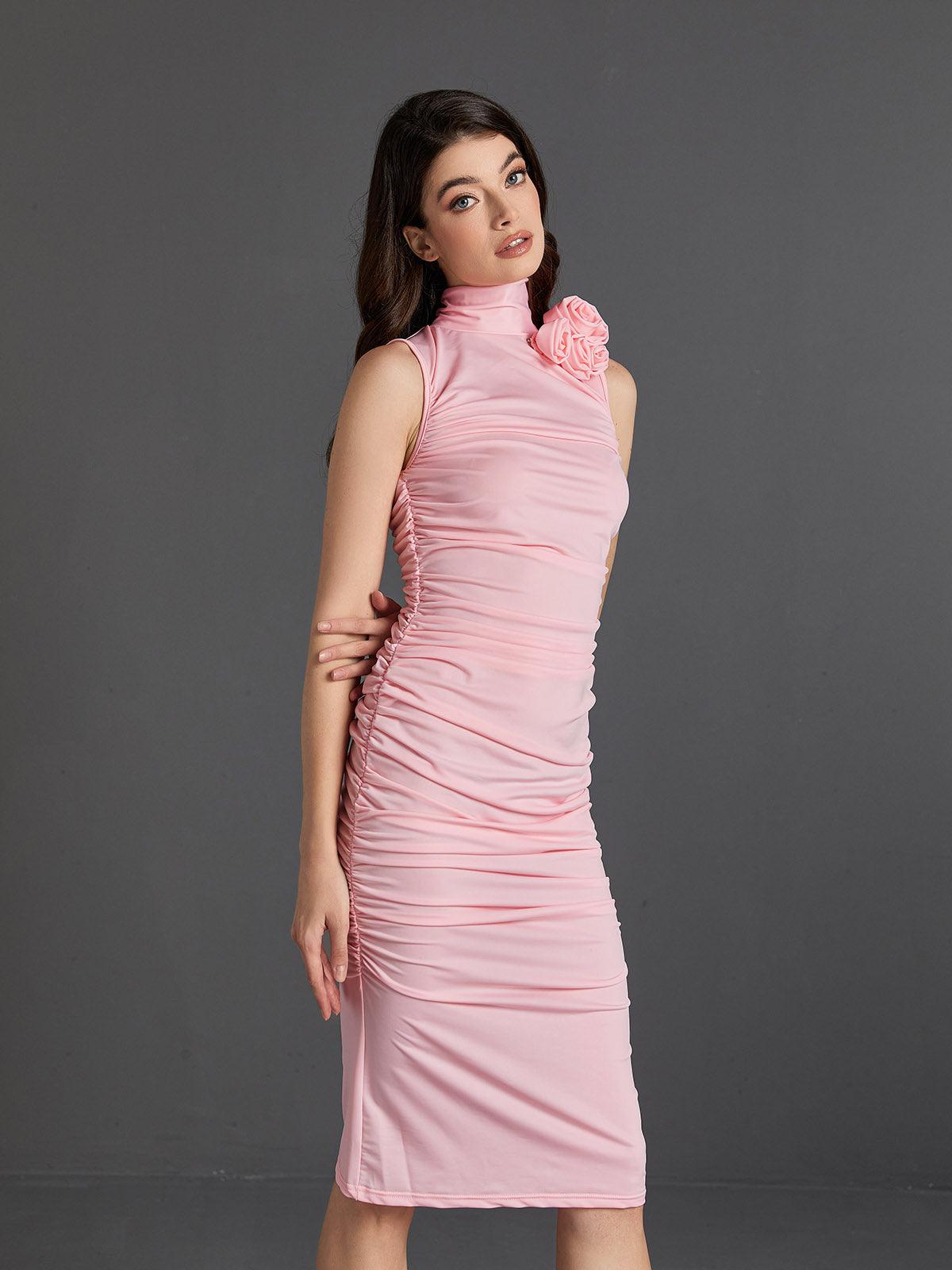 Mock Neck Rosette Flower Ruched Sleeveless Bodycon Midi Dress
