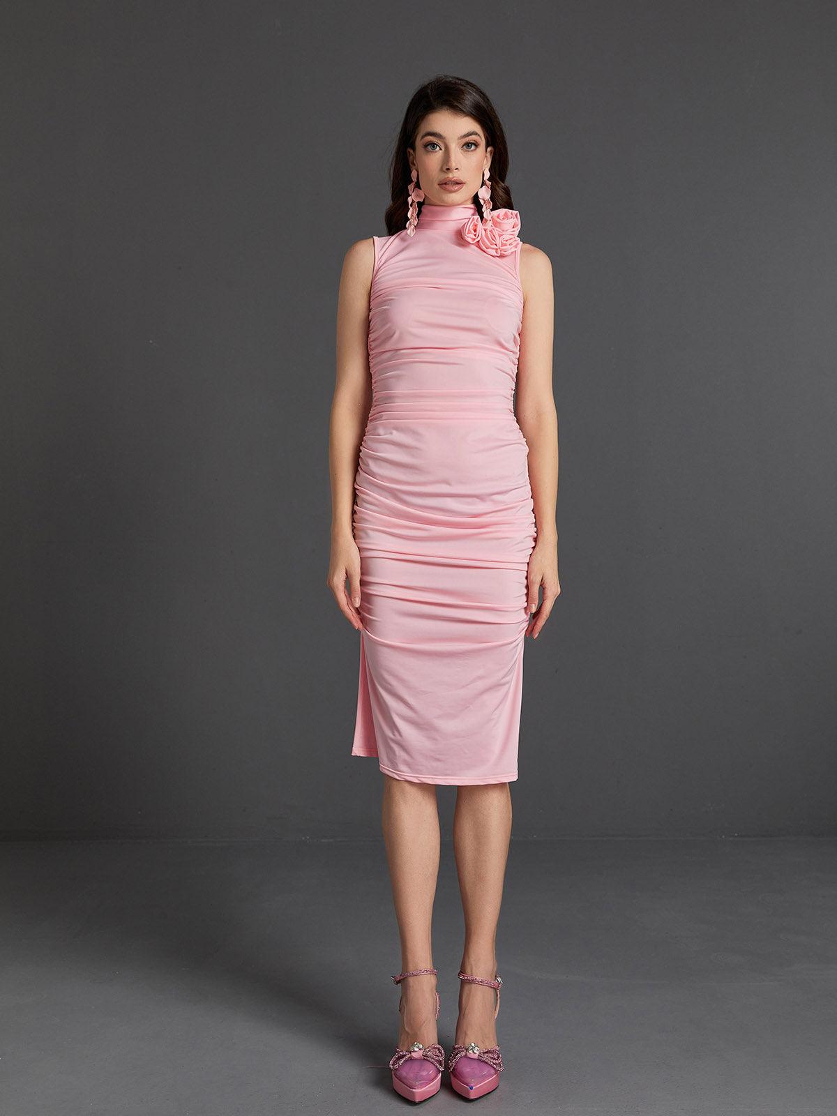 Mock Neck Rosette Flower Ruched Sleeveless Bodycon Midi Dress