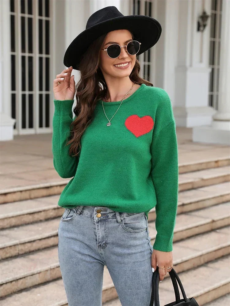 Fitshinling Heart Basic Autumn Winter Long Sleeve Cozy Green Sweater