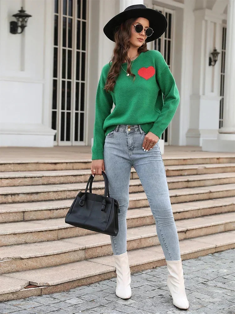Fitshinling Heart Basic Autumn Winter Long Sleeve Cozy Green Sweater