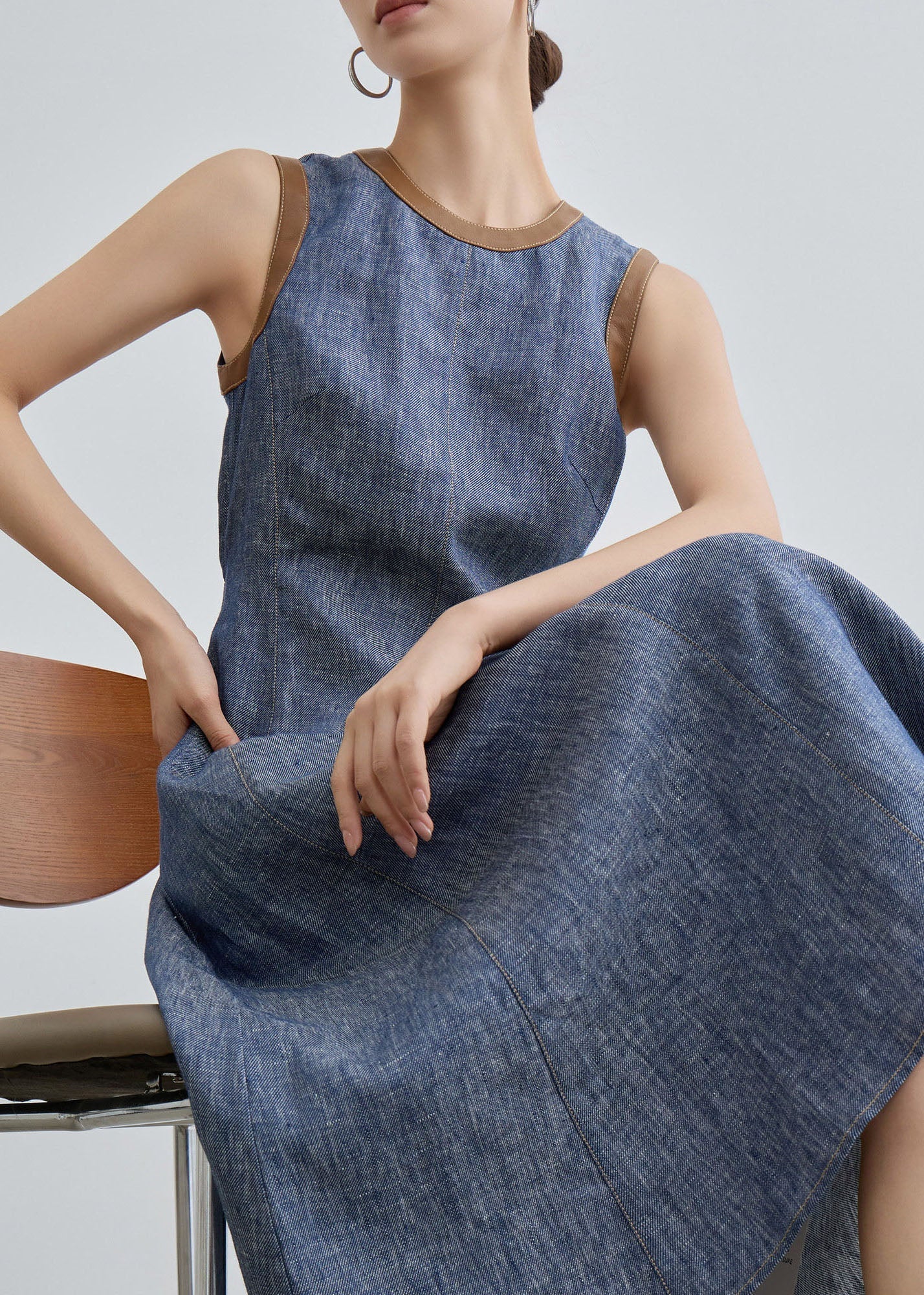 Fitted Blue O Neck Patchwork Denim Long Dress Sleeveless