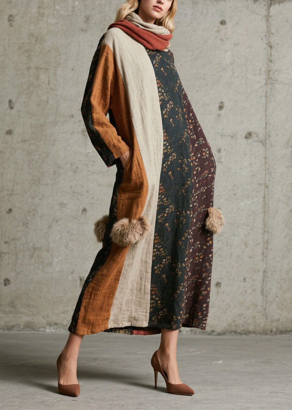 Fitted Mixed Color Patchwork Fuzzy Ball Decorated Cotton Robe Dresses Fall