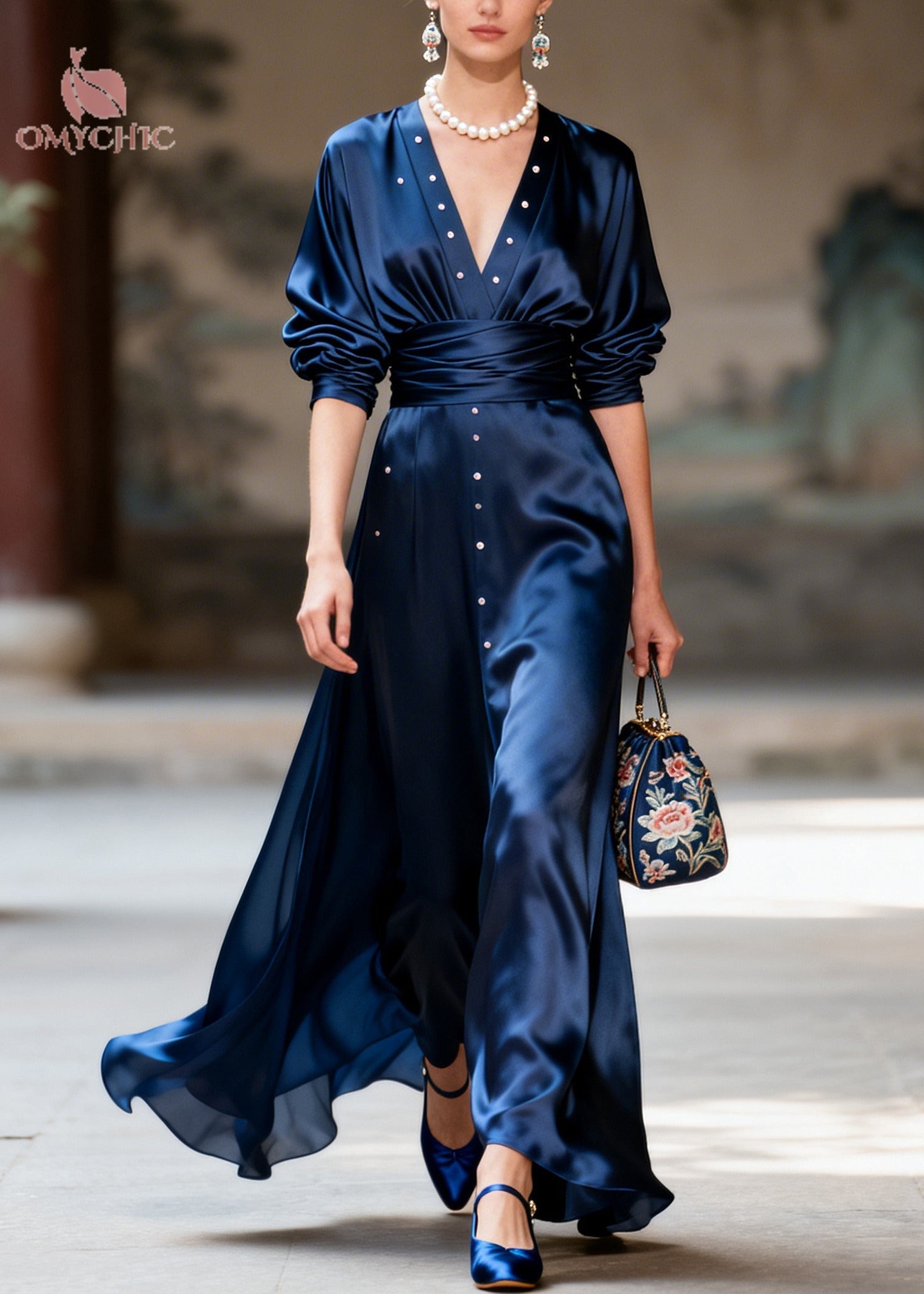 Fitted Navy V Neck Nail Bead Draping Silk Party Dress Long Sleeve
