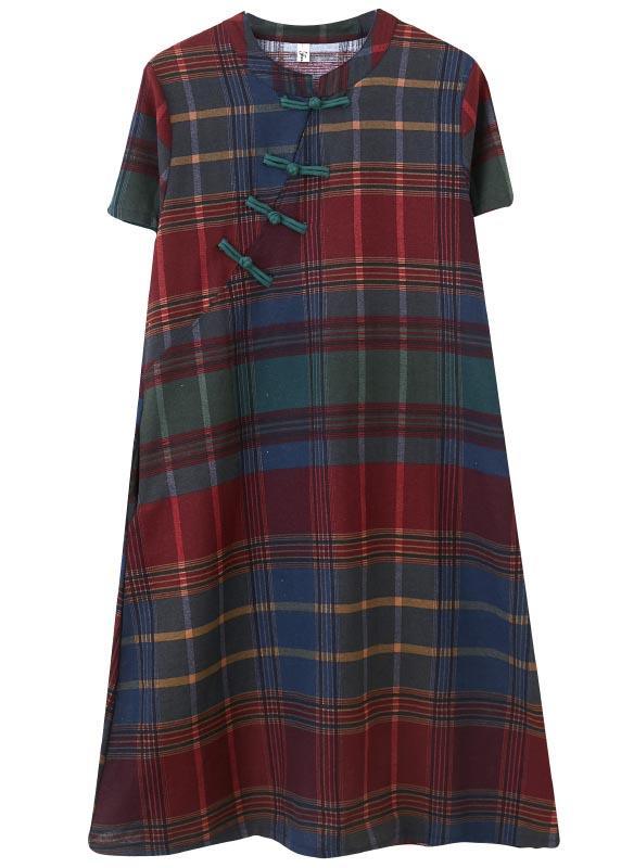 Fitted Plaid Oriental Cotton Linen Summer Dress ( Limited Stock)