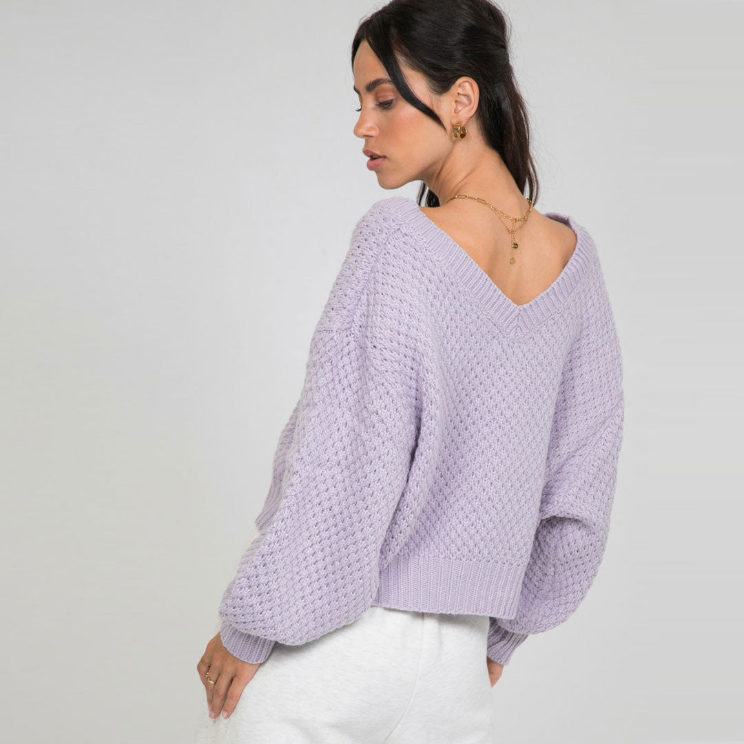 Purple V-Neck Drop Shoulder Bishop Sleeve Pointelle Knit Sweater