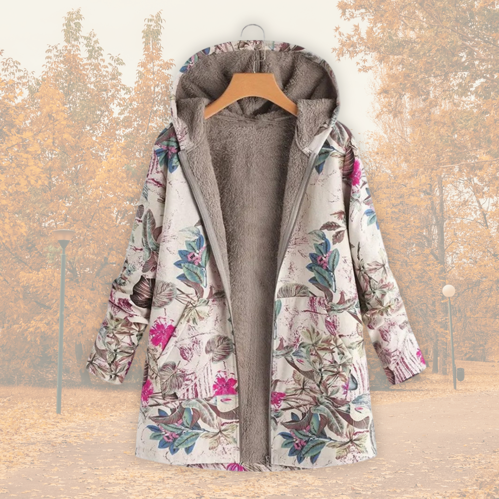 Hooded Floral Print Fleece-Lined Zip-Front Quilted Jacket 2
