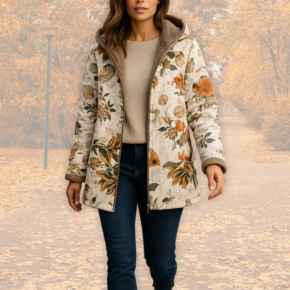 Hooded Floral Print Fleece-Lined Zip-Front Quilted Jacket