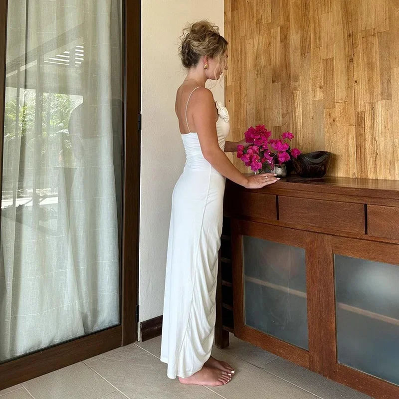 Floral Applique Slit Backless Birthday Vestido Summer Ruched Midi Dress