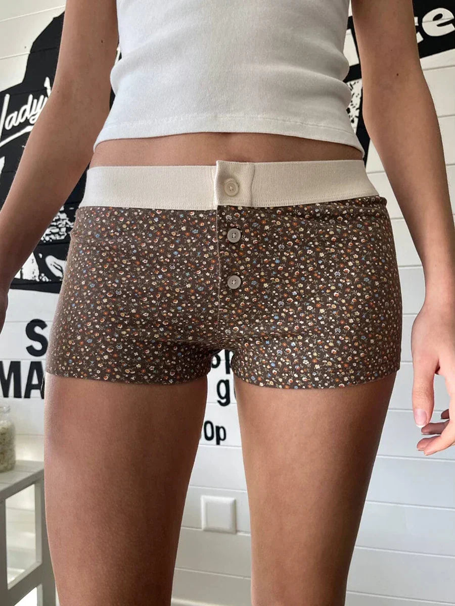 Floral Button Elastic Waist Short Dark Brown / S short-250223