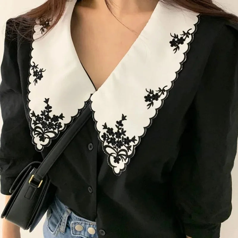Floral Embroidery Half Sleeve White Vintage Blouse