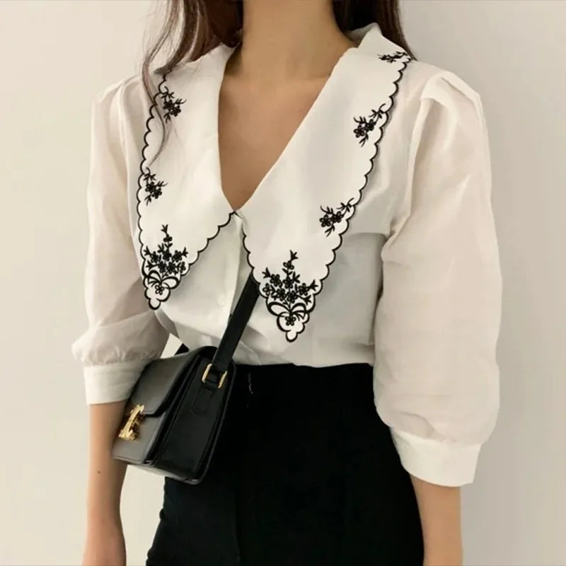 Floral Embroidery Half Sleeve White Vintage Blouse WHITE / S blouse-250126