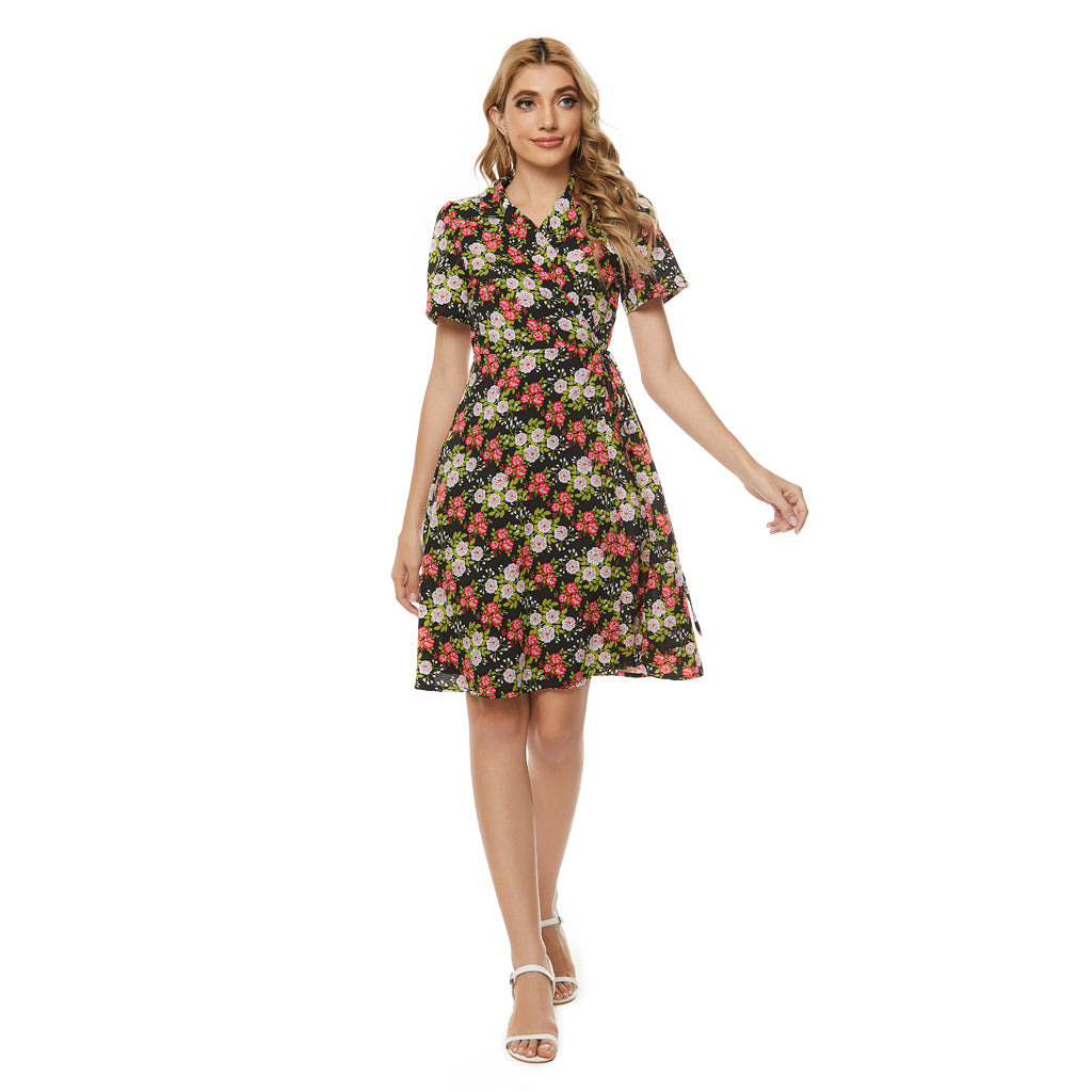 Floral Print Notched Lapel Self Tie Wrap Dress