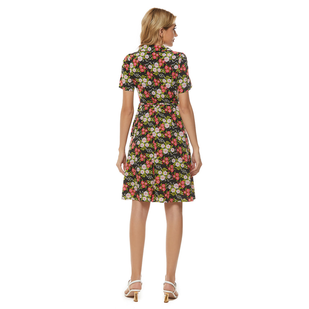 Floral Print Notched Lapel Self Tie Wrap Dress
